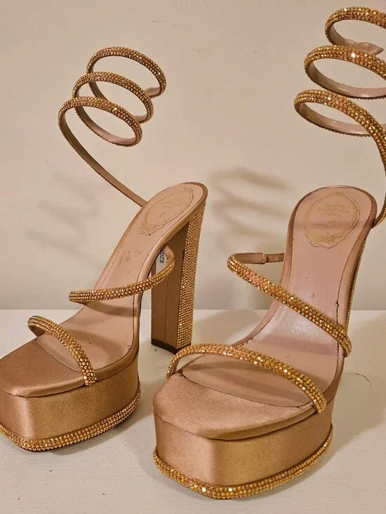 Rene Caovilla 38.5 Cleo Gold Platform Crystal Wrap Strap Sandal Block Heel Pump - Picture 2 of 12